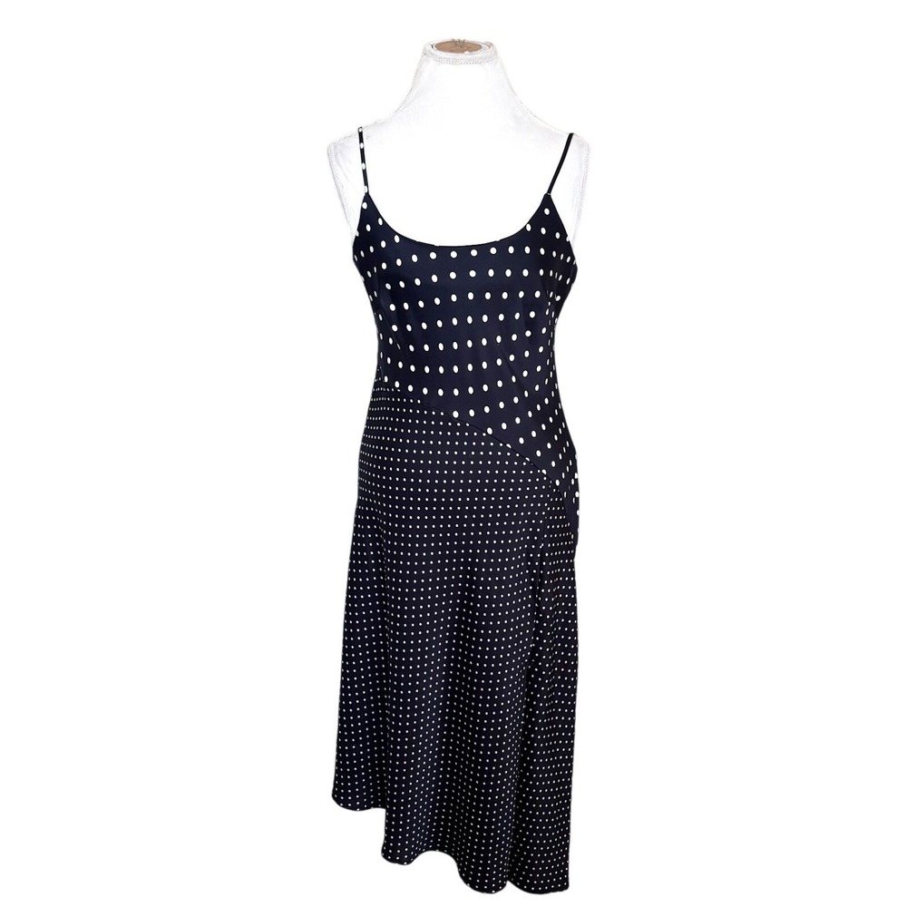 Whimsigoth Polka Dot Asymmetical Bias Cutβ Satin Slip Dress Size M Black Fairy
